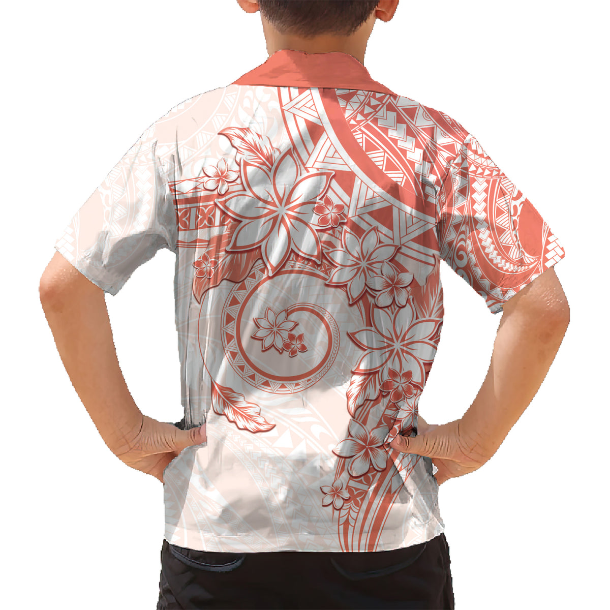 Polynesian Pattern With Plumeria Flowers Kid Hawaiian Shirt Orange Peach