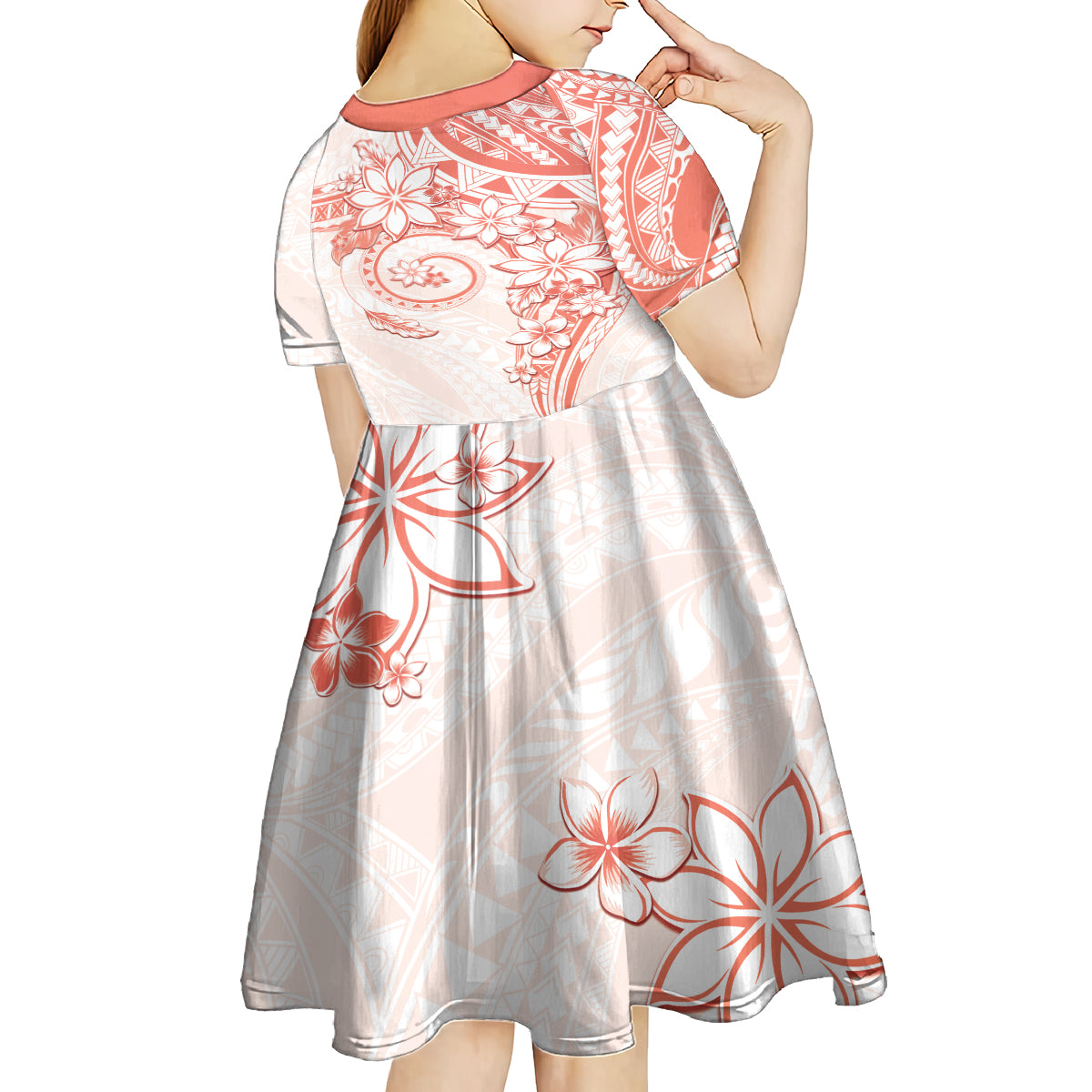 Polynesian Pattern With Plumeria Flowers Kid Short Sleeve Dress Orange Peach