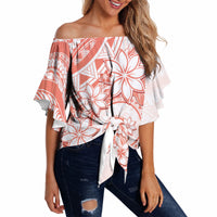 Polynesian Pattern With Plumeria Flowers Off Shoulder Wrap Waist Top Orange Peach LT05 - Polynesian Pride