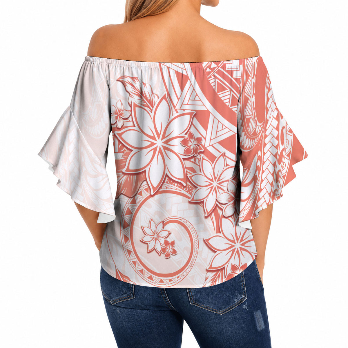 Polynesian Pattern With Plumeria Flowers Off Shoulder Wrap Waist Top Orange Peach LT05 - Polynesian Pride