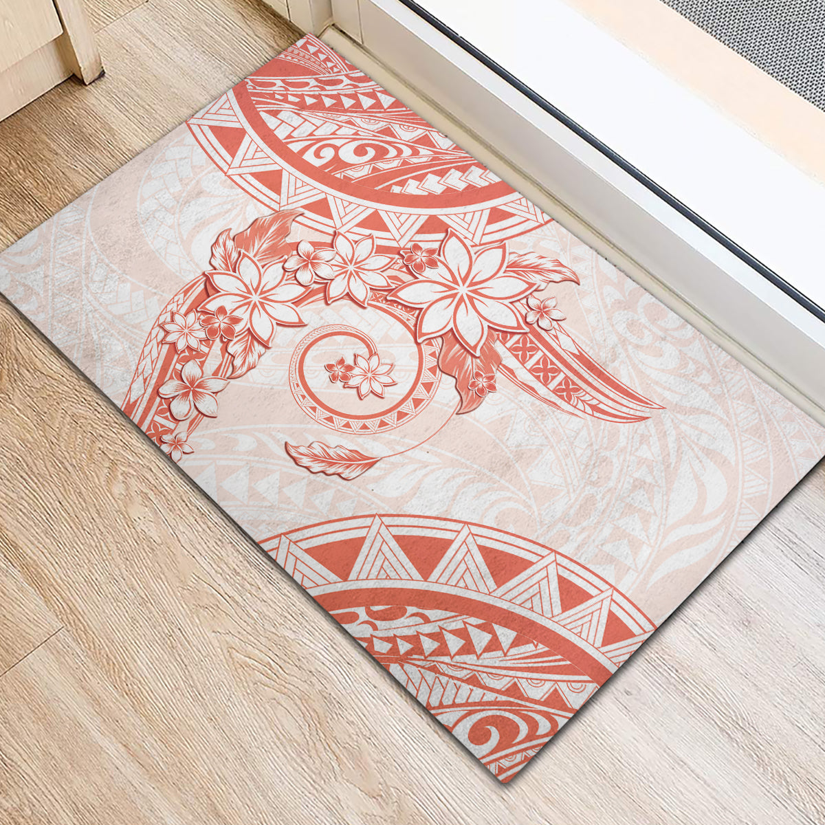 Polynesian Pattern With Plumeria Flowers Rubber Doormat Orange Peach