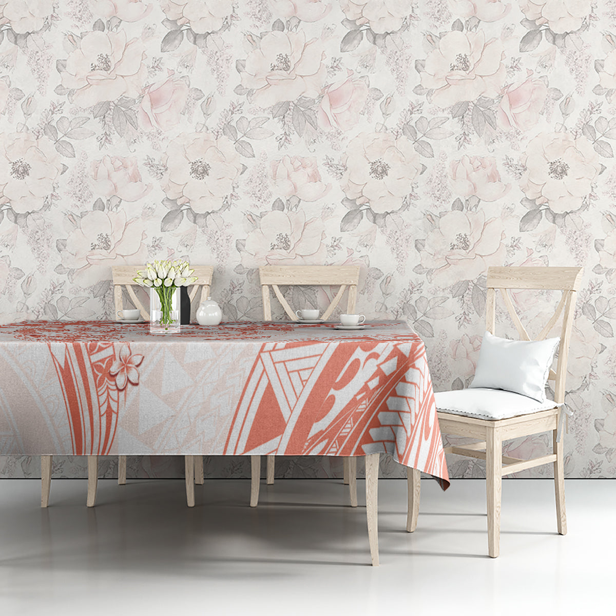 Polynesian Pattern With Plumeria Flowers Tablecloth Orange Peach