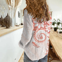 Polynesian Pattern With Plumeria Flowers Women Casual Shirt Orange Peach