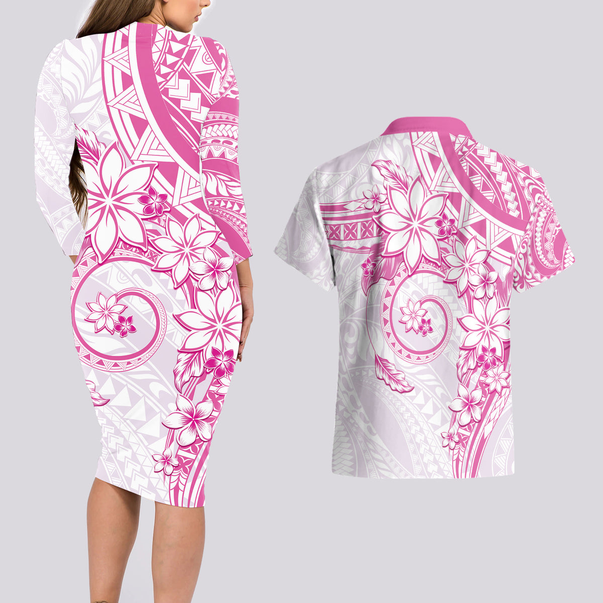 Polynesian Pattern With Plumeria Flowers Couples Matching Long Sleeve Bodycon Dress and Hawaiian Shirt Pink LT05 - Polynesian Pride