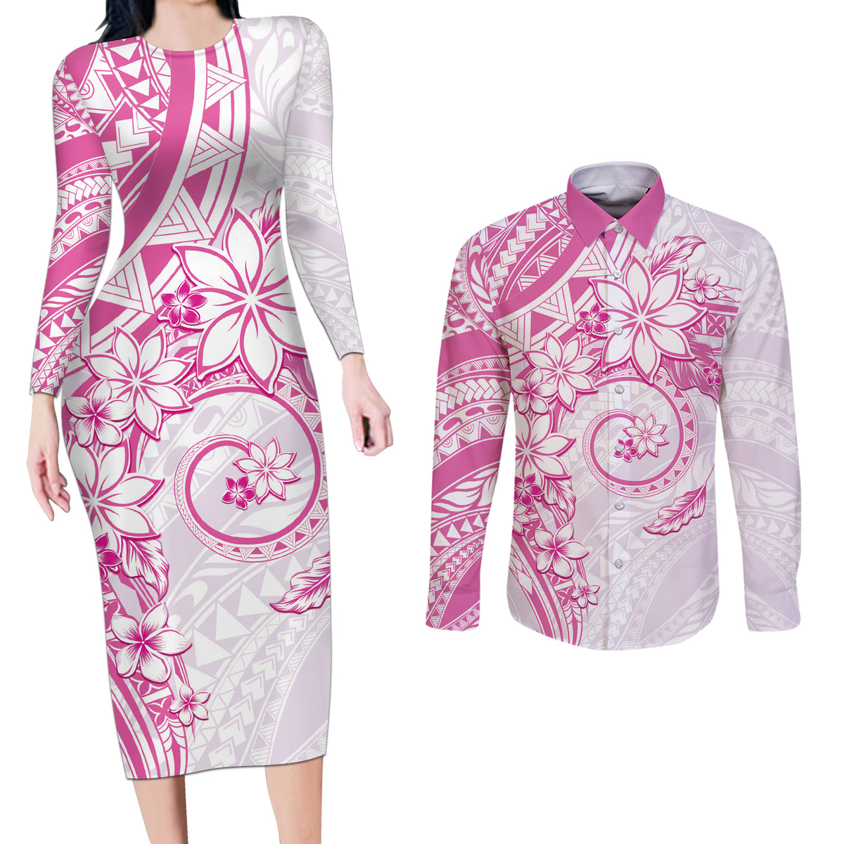 Polynesian Pattern With Plumeria Flowers Couples Matching Long Sleeve Bodycon Dress and Long Sleeve Button Shirt Pink