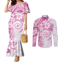Polynesian Pattern With Plumeria Flowers Couples Matching Mermaid Dress and Long Sleeve Button Shirt Pink
