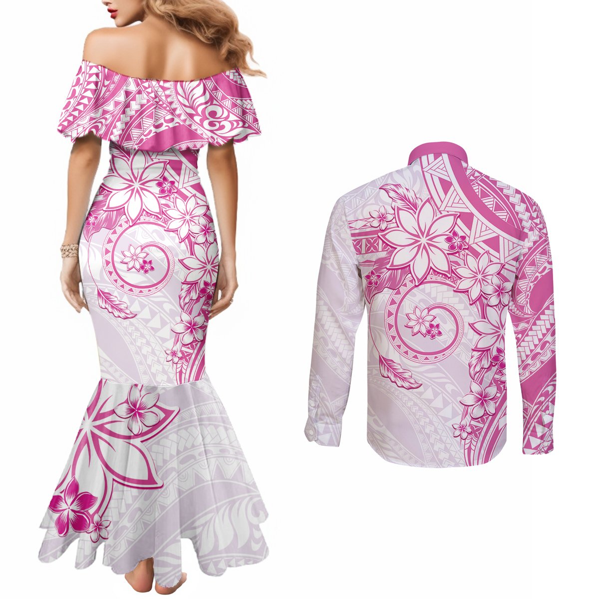 Polynesian Pattern With Plumeria Flowers Couples Matching Mermaid Dress and Long Sleeve Button Shirt Pink
