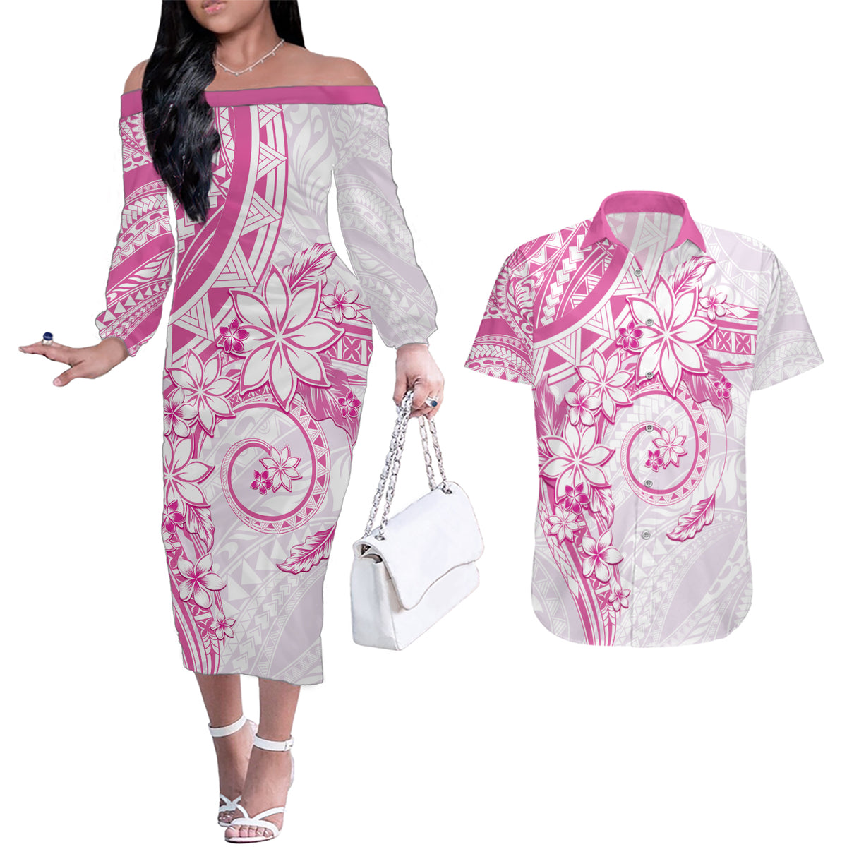 Polynesian Pattern With Plumeria Flowers Couples Matching Off The Shoulder Long Sleeve Dress and Hawaiian Shirt Pink LT05 Pink - Polynesian Pride