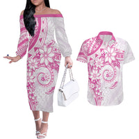 Polynesian Pattern With Plumeria Flowers Couples Matching Off The Shoulder Long Sleeve Dress and Hawaiian Shirt Pink LT05 Pink - Polynesian Pride