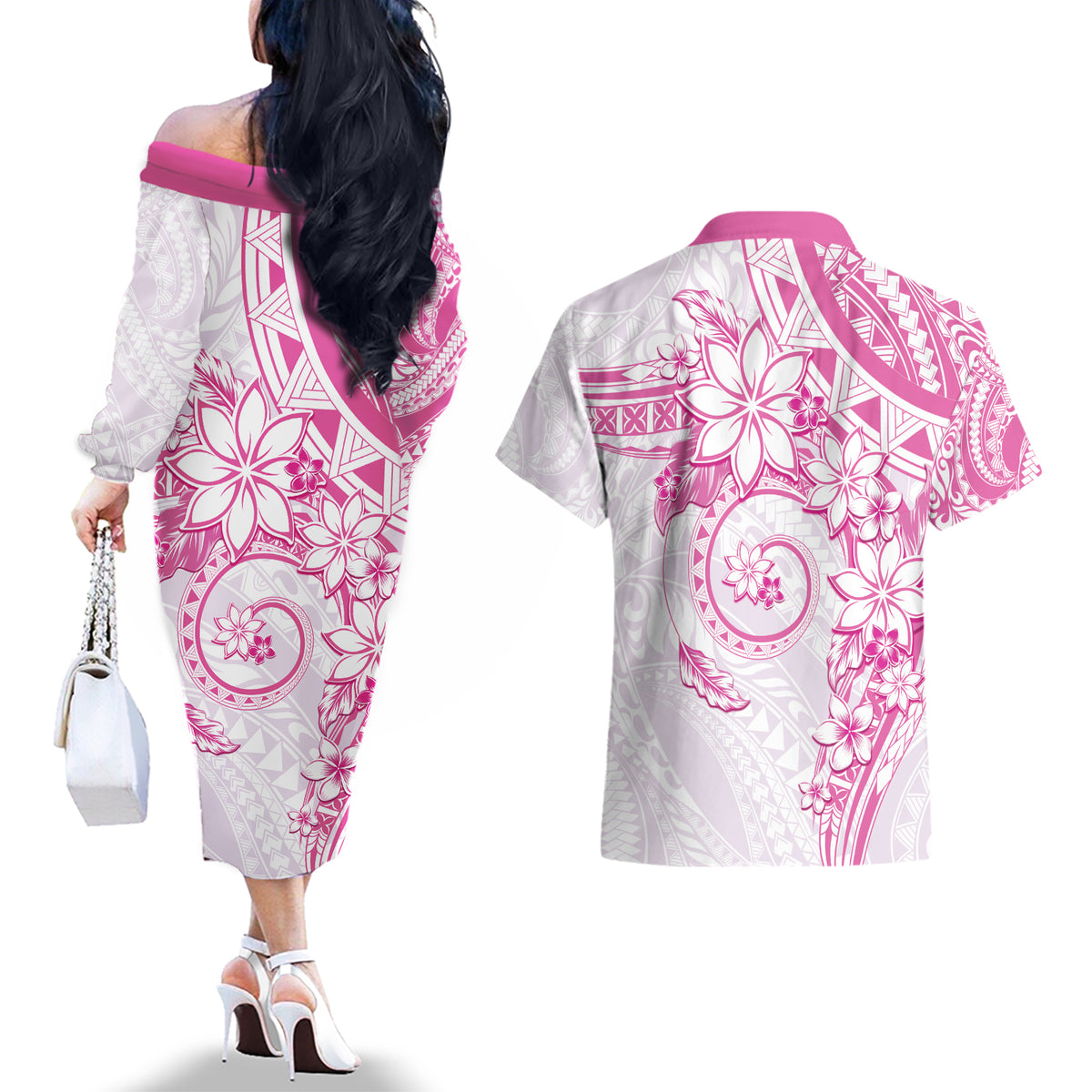 Polynesian Pattern With Plumeria Flowers Couples Matching Off The Shoulder Long Sleeve Dress and Hawaiian Shirt Pink LT05 - Polynesian Pride