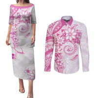 Polynesian Pattern With Plumeria Flowers Couples Matching Puletasi and Long Sleeve Button Shirt Pink