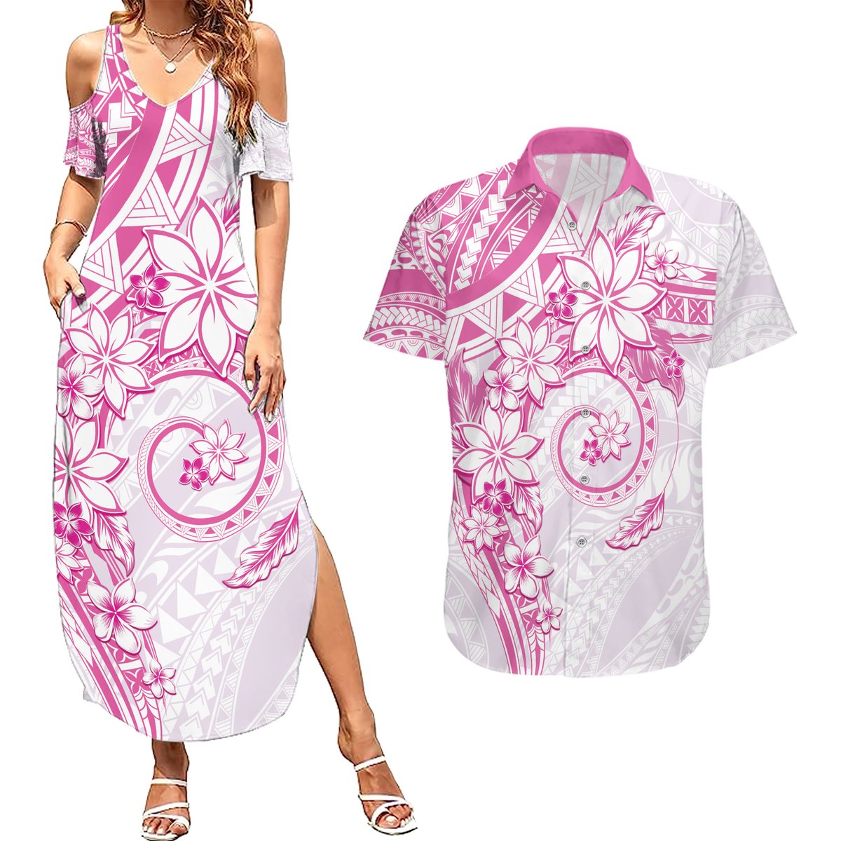 Polynesian Pattern With Plumeria Flowers Couples Matching Summer Maxi Dress and Hawaiian Shirt Pink
