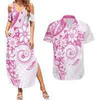 Polynesian Pattern With Plumeria Flowers Couples Matching Summer Maxi Dress and Hawaiian Shirt Pink