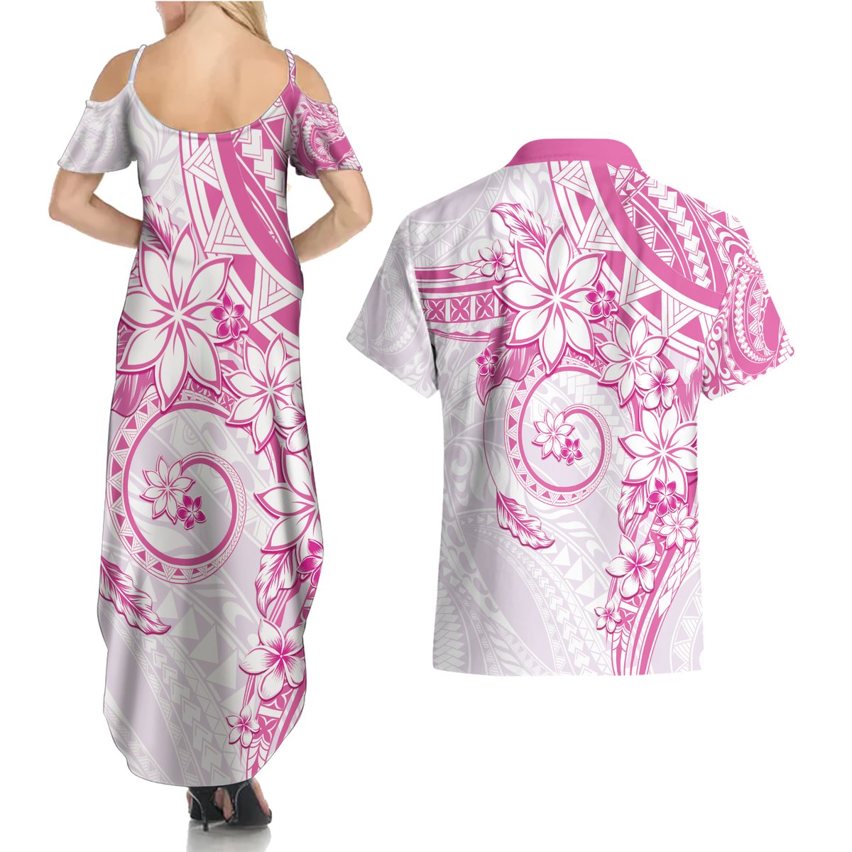 Polynesian Pattern With Plumeria Flowers Couples Matching Summer Maxi Dress and Hawaiian Shirt Pink