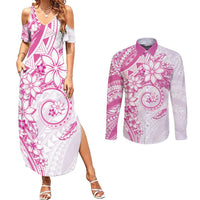 Polynesian Pattern With Plumeria Flowers Couples Matching Summer Maxi Dress and Long Sleeve Button Shirt Pink