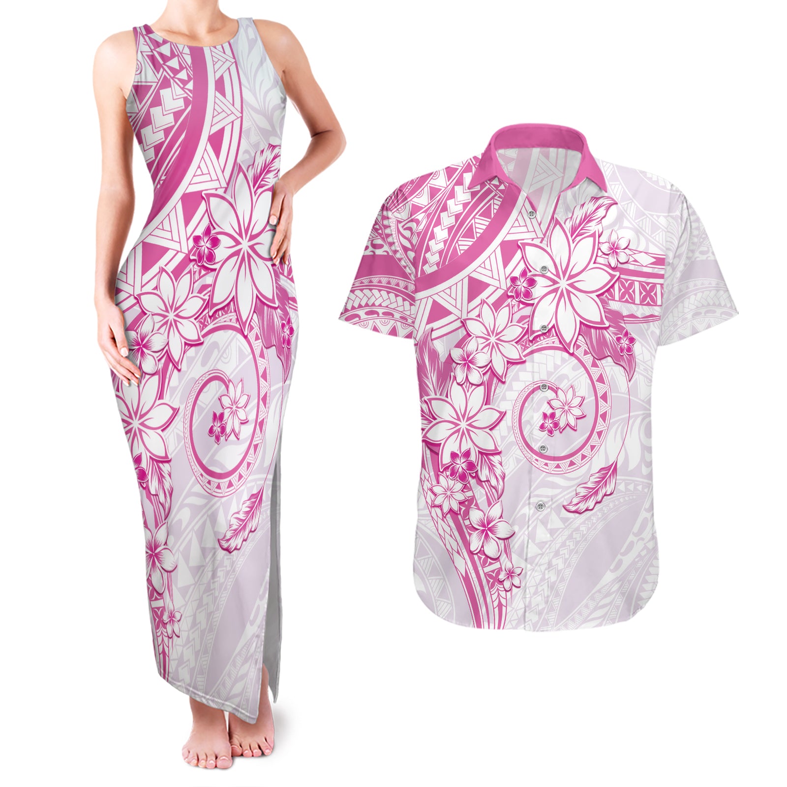 Polynesian Pattern With Plumeria Flowers Couples Matching Tank Maxi Dress and Hawaiian Shirt Pink
