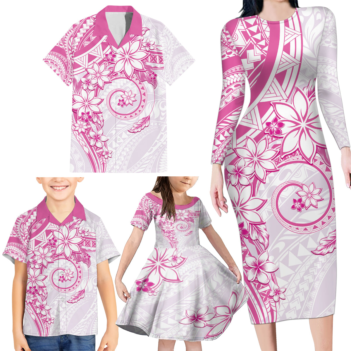 Polynesian Pattern With Plumeria Flowers Family Matching Long Sleeve Bodycon Dress and Hawaiian Shirt Pink LT05 - Polynesian Pride