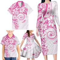 Polynesian Pattern With Plumeria Flowers Family Matching Long Sleeve Bodycon Dress and Hawaiian Shirt Pink LT05 - Polynesian Pride