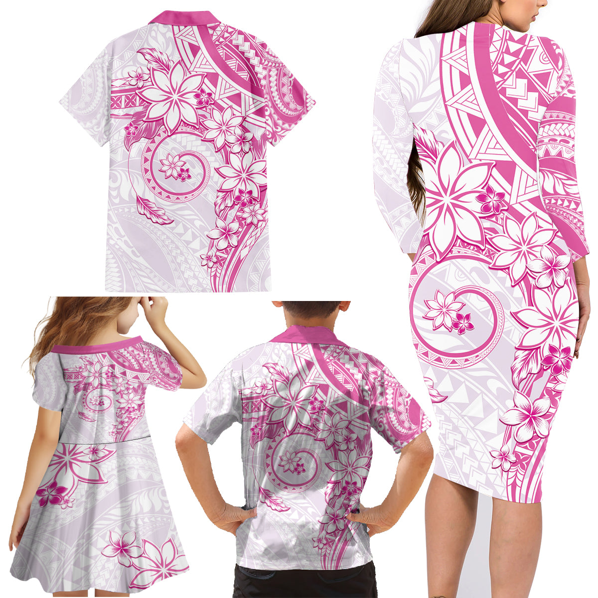 Polynesian Pattern With Plumeria Flowers Family Matching Long Sleeve Bodycon Dress and Hawaiian Shirt Pink LT05 - Polynesian Pride