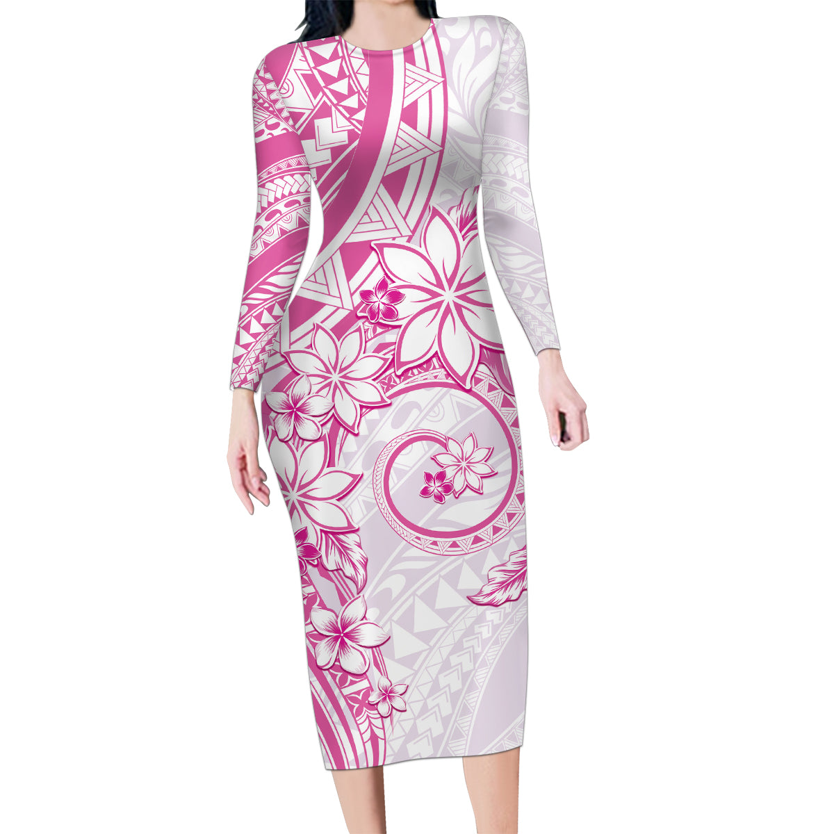 Polynesian Pattern With Plumeria Flowers Family Matching Long Sleeve Bodycon Dress and Hawaiian Shirt Pink LT05 Mom's Dress Pink - Polynesian Pride