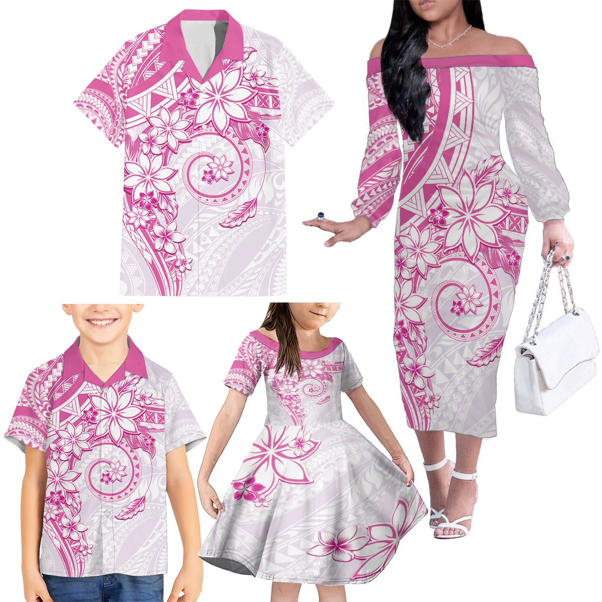 Polynesian Pattern With Plumeria Flowers Family Matching Off The Shoulder Long Sleeve Dress and Hawaiian Shirt Pink LT05 - Polynesian Pride