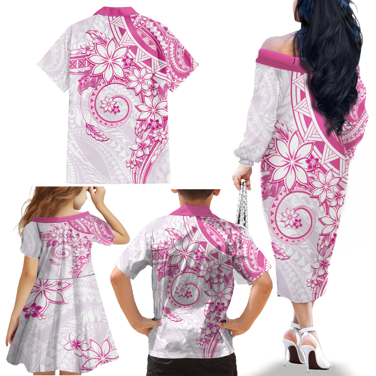 Polynesian Pattern With Plumeria Flowers Family Matching Off The Shoulder Long Sleeve Dress and Hawaiian Shirt Pink LT05 - Polynesian Pride