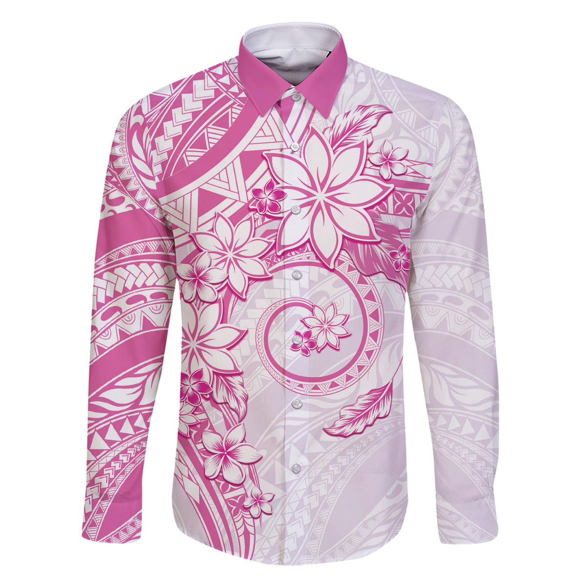 Polynesian Pattern With Plumeria Flowers Family Matching Off Shoulder Short Dress and Hawaiian Shirt Pink LT05 Dad's Shirt - Long Sleeve Pink - Polynesian Pride