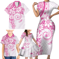 Polynesian Pattern With Plumeria Flowers Family Matching Short Sleeve Bodycon Dress and Hawaiian Shirt Pink LT05 - Polynesian Pride