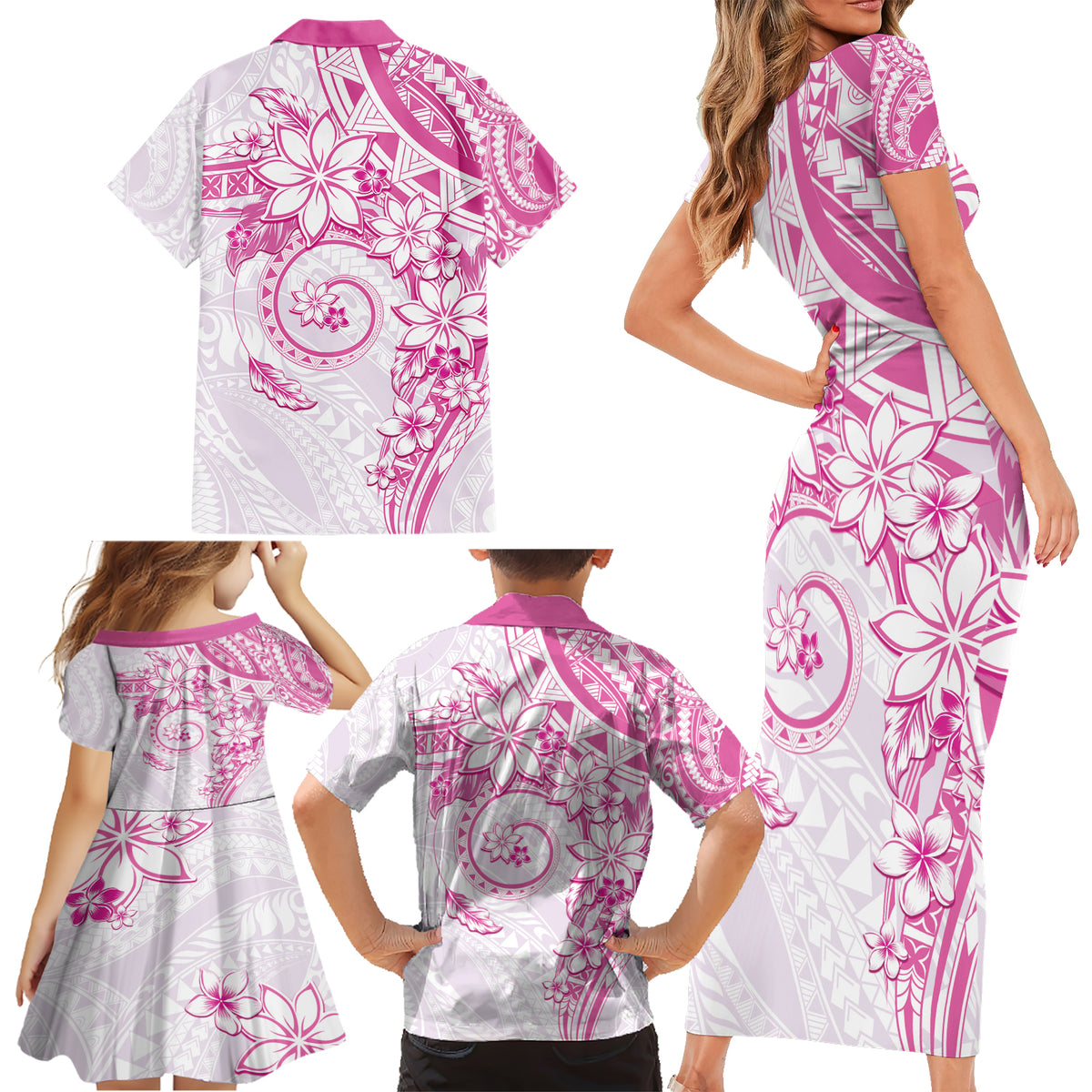 Polynesian Pattern With Plumeria Flowers Family Matching Short Sleeve Bodycon Dress and Hawaiian Shirt Pink LT05 - Polynesian Pride