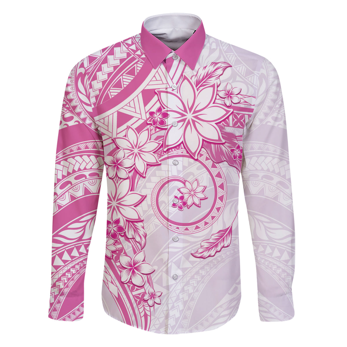 Polynesian Pattern With Plumeria Flowers Family Matching Short Sleeve Bodycon Dress and Hawaiian Shirt Pink LT05 Dad's Shirt - Long Sleeve Pink - Polynesian Pride