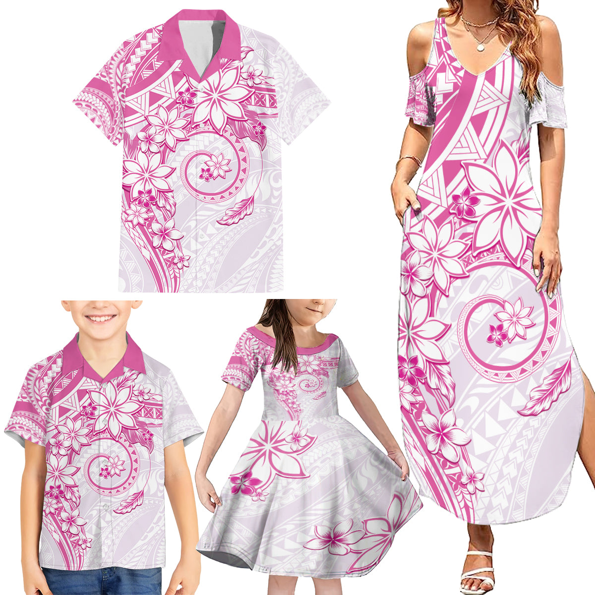 Polynesian Pattern With Plumeria Flowers Family Matching Summer Maxi Dress and Hawaiian Shirt Pink LT05 - Polynesian Pride