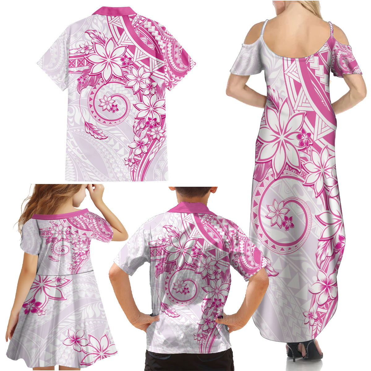 Polynesian Pattern With Plumeria Flowers Family Matching Summer Maxi Dress and Hawaiian Shirt Pink LT05 - Polynesian Pride