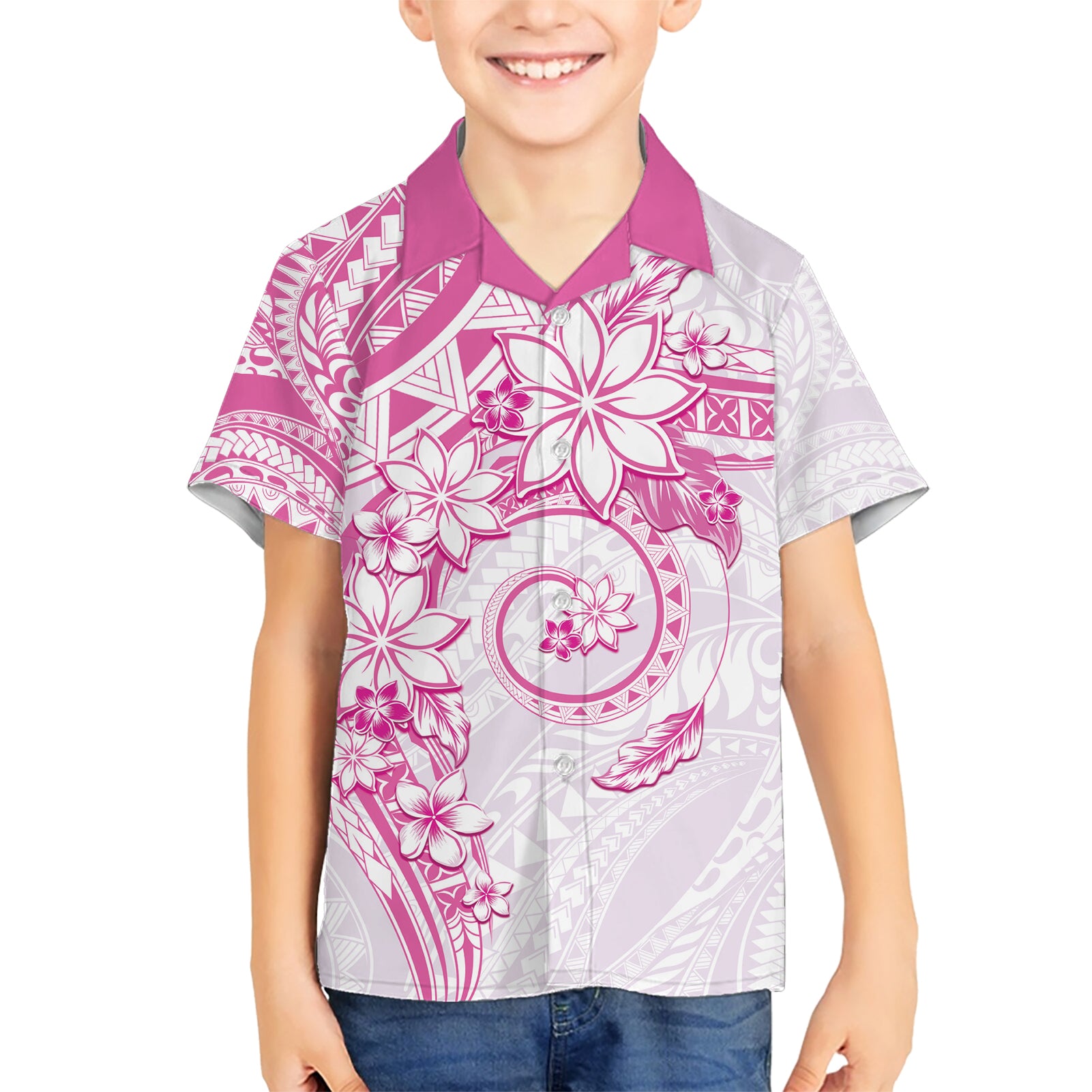 Polynesian Pattern With Plumeria Flowers Kid Hawaiian Shirt Pink