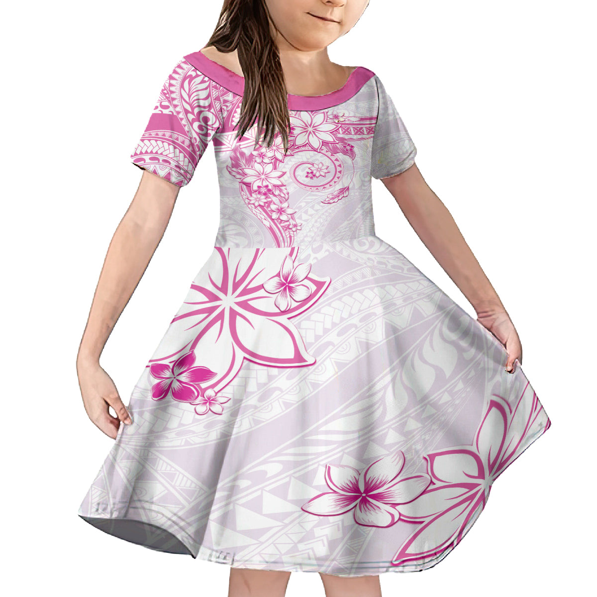 Polynesian Pattern With Plumeria Flowers Kid Short Sleeve Dress Pink LT05 KID Pink - Polynesian Pride