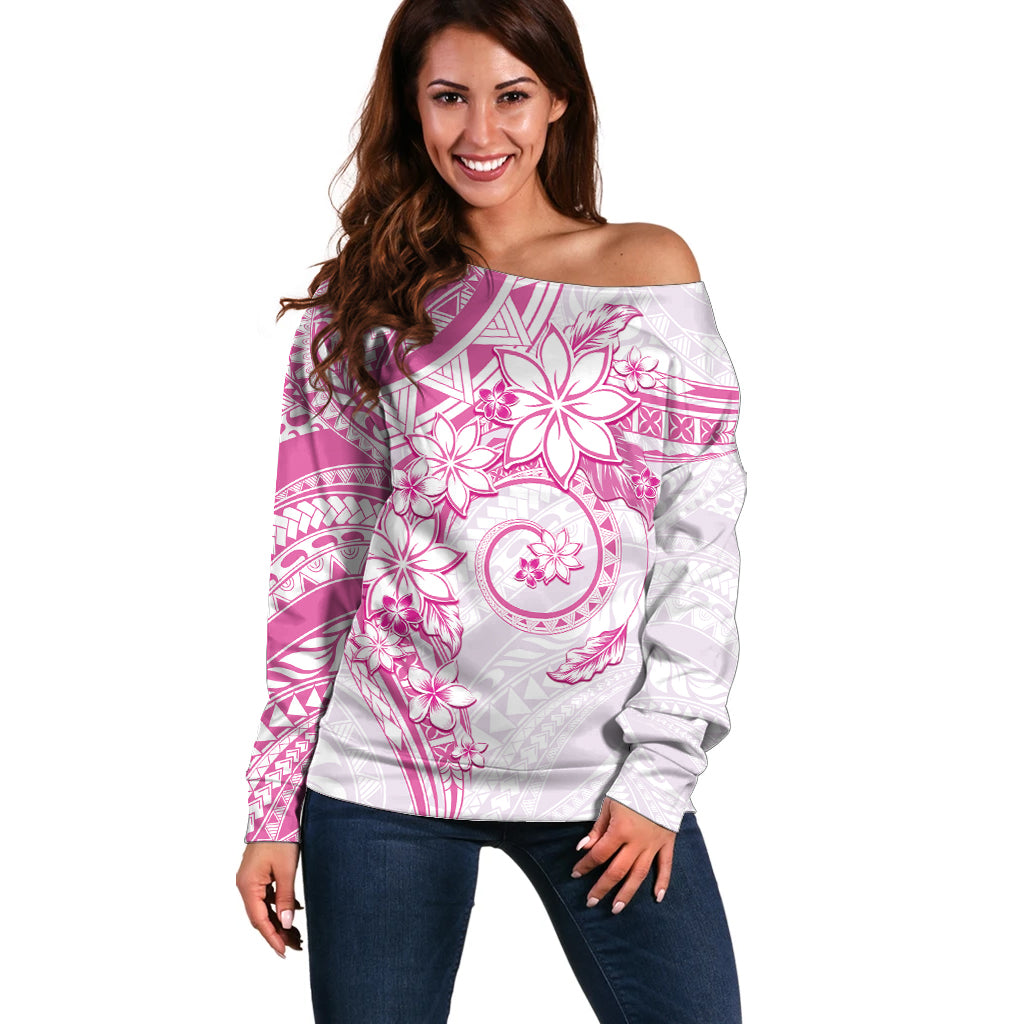 Polynesian Pattern With Plumeria Flowers Off Shoulder Sweater Pink LT05 Women Pink - Polynesian Pride