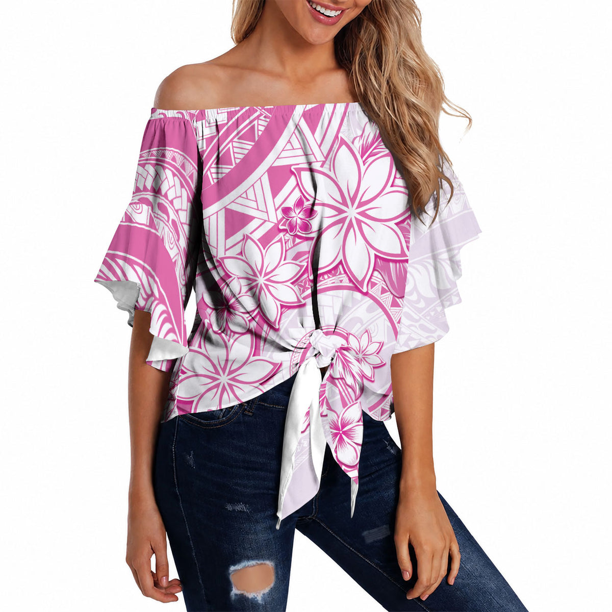 Polynesian Pattern With Plumeria Flowers Off Shoulder Wrap Waist Top Pink LT05 - Polynesian Pride
