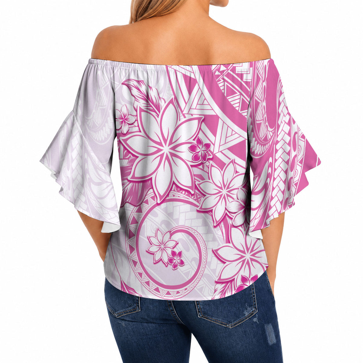 Polynesian Pattern With Plumeria Flowers Off Shoulder Wrap Waist Top Pink LT05 - Polynesian Pride