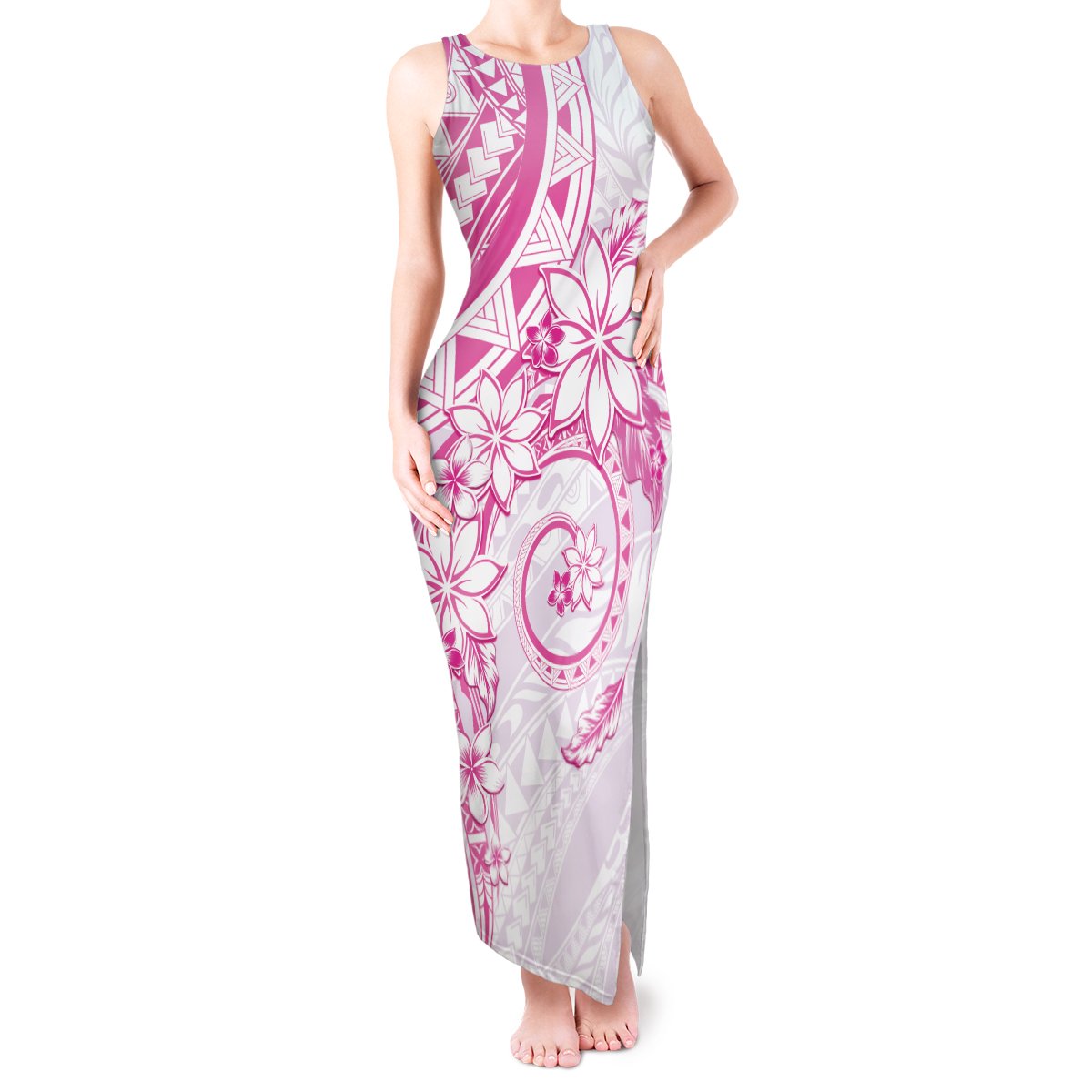 Polynesian Pattern With Plumeria Flowers Tank Maxi Dress Pink