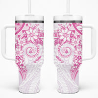 Pink Polynesian Pattern With Plumeria Flowers Tumbler With Handle
