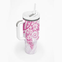 Pink Polynesian Pattern With Plumeria Flowers Tumbler With Handle