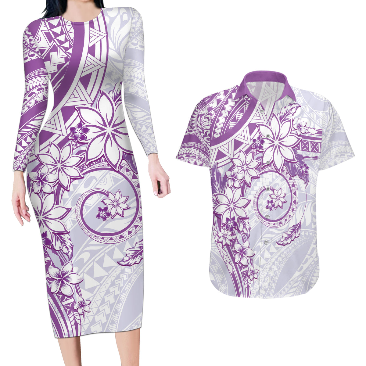 Polynesian Pattern With Plumeria Flowers Couples Matching Long Sleeve Bodycon Dress and Hawaiian Shirt Purple LT05 Purple - Polynesian Pride