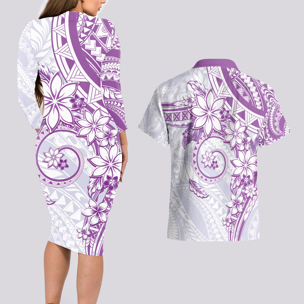 Polynesian Pattern With Plumeria Flowers Couples Matching Long Sleeve Bodycon Dress and Hawaiian Shirt Purple LT05 - Polynesian Pride
