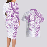 Polynesian Pattern With Plumeria Flowers Couples Matching Long Sleeve Bodycon Dress and Hawaiian Shirt Purple LT05 - Polynesian Pride