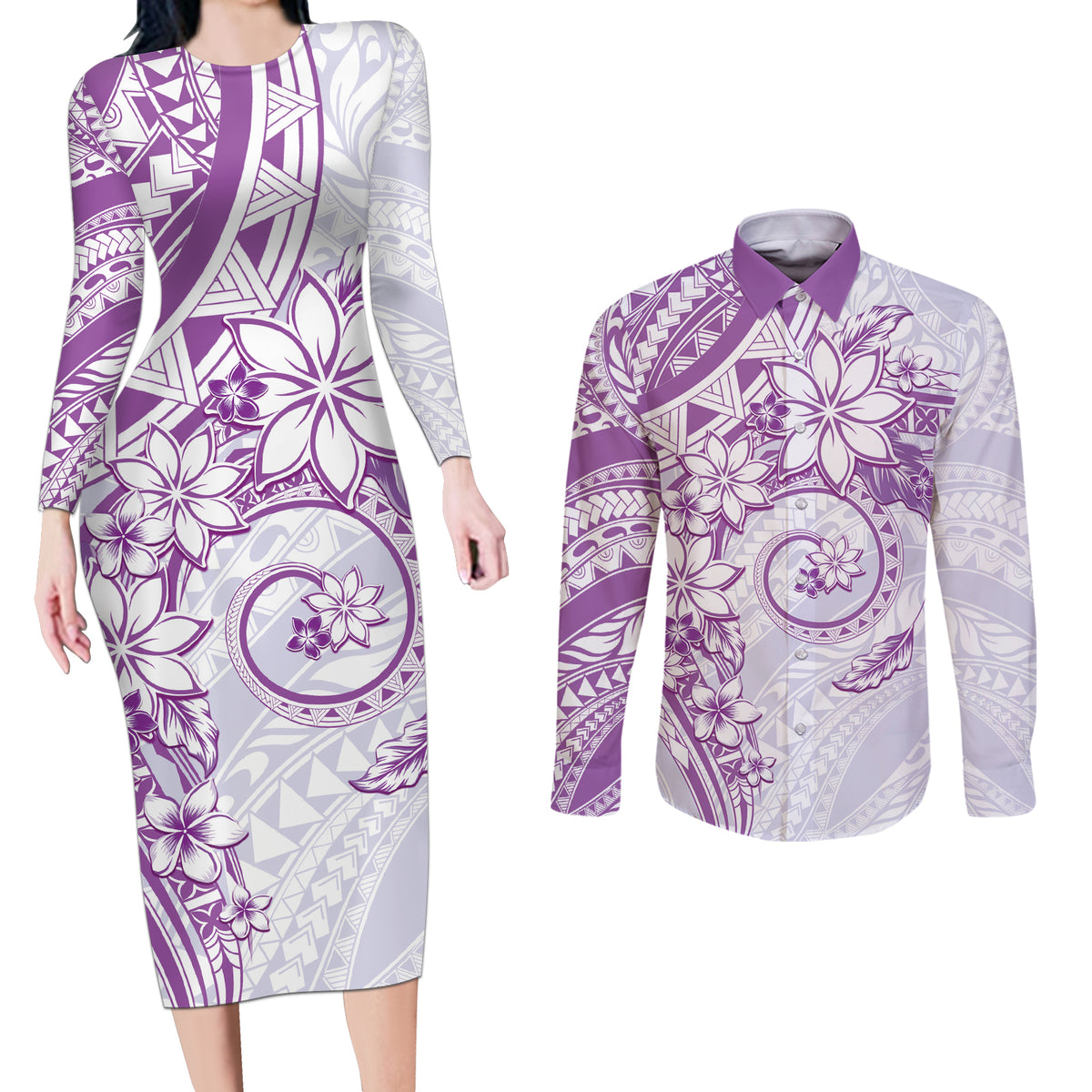 Polynesian Pattern With Plumeria Flowers Couples Matching Long Sleeve Bodycon Dress and Long Sleeve Button Shirt Purple