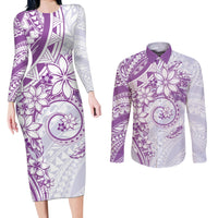Polynesian Pattern With Plumeria Flowers Couples Matching Long Sleeve Bodycon Dress and Long Sleeve Button Shirt Purple