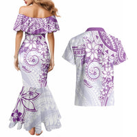 Polynesian Pattern With Plumeria Flowers Couples Matching Mermaid Dress and Hawaiian Shirt Purple LT05 - Polynesian Pride