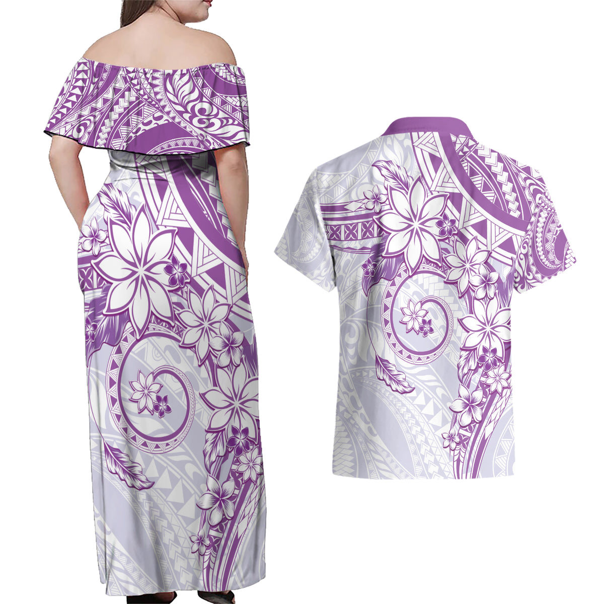 Polynesian Pattern With Plumeria Flowers Couples Matching Off Shoulder Maxi Dress and Hawaiian Shirt Purple