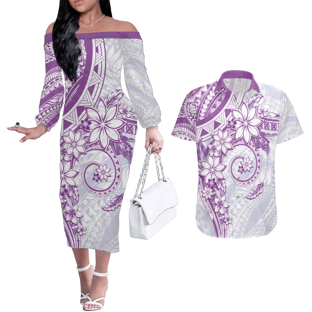 Polynesian Pattern With Plumeria Flowers Couples Matching Off The Shoulder Long Sleeve Dress and Hawaiian Shirt Purple LT05 Purple - Polynesian Pride