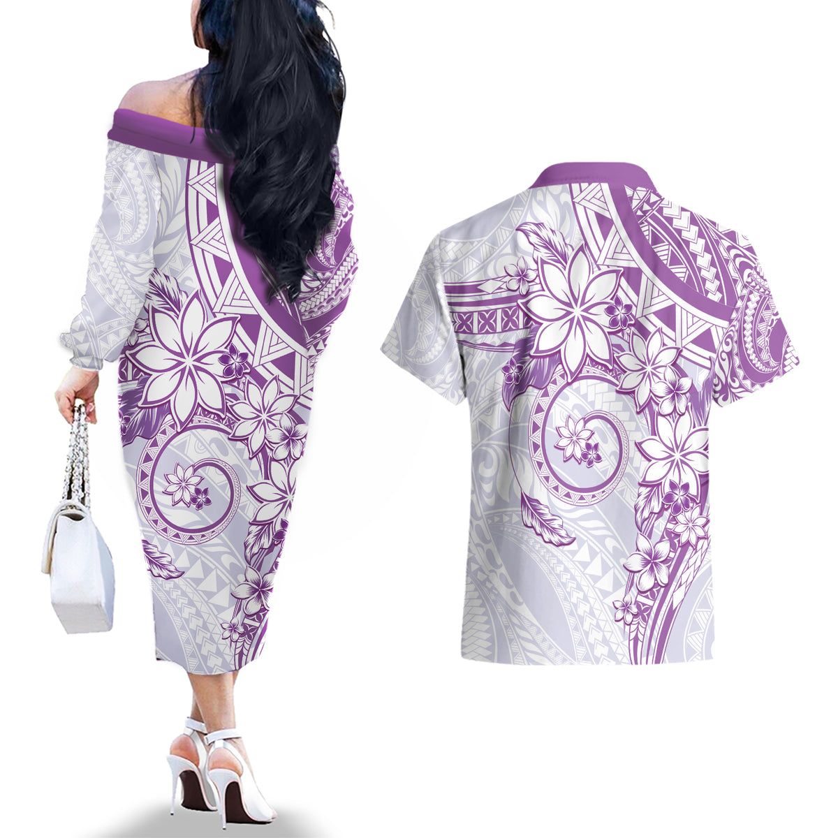 Polynesian Pattern With Plumeria Flowers Couples Matching Off The Shoulder Long Sleeve Dress and Hawaiian Shirt Purple LT05 - Polynesian Pride