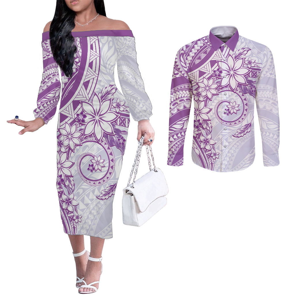 Polynesian Pattern With Plumeria Flowers Couples Matching Off The Shoulder Long Sleeve Dress and Long Sleeve Button Shirt Purple
